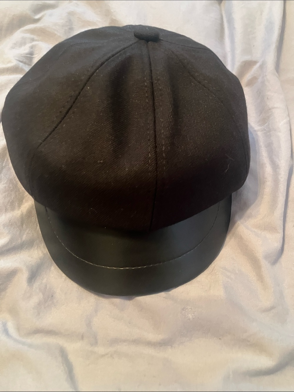 Black Baker Boy Cap with Faux Leather Brim